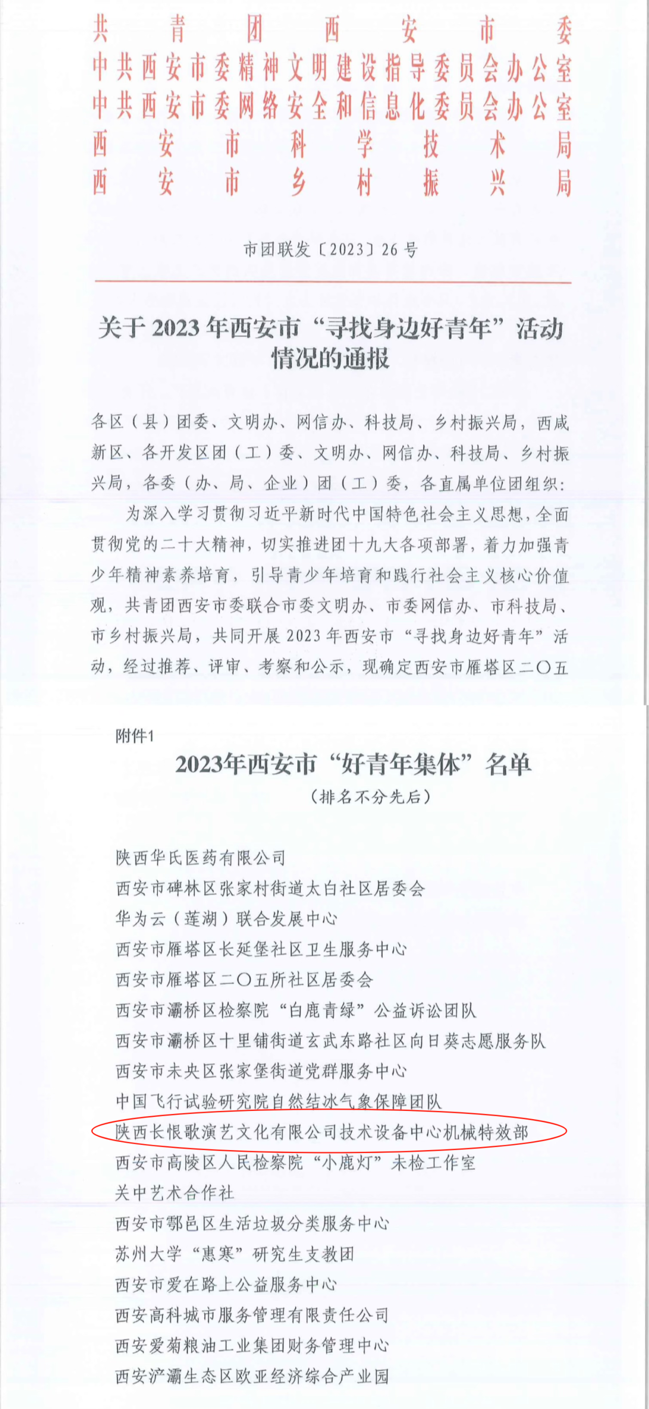 喜報！陜西長恨歌演藝文化有限公司技術(shù)設(shè)備中心機(jī)械特效部被評為2023年西安市“好青年集體”(圖1)
